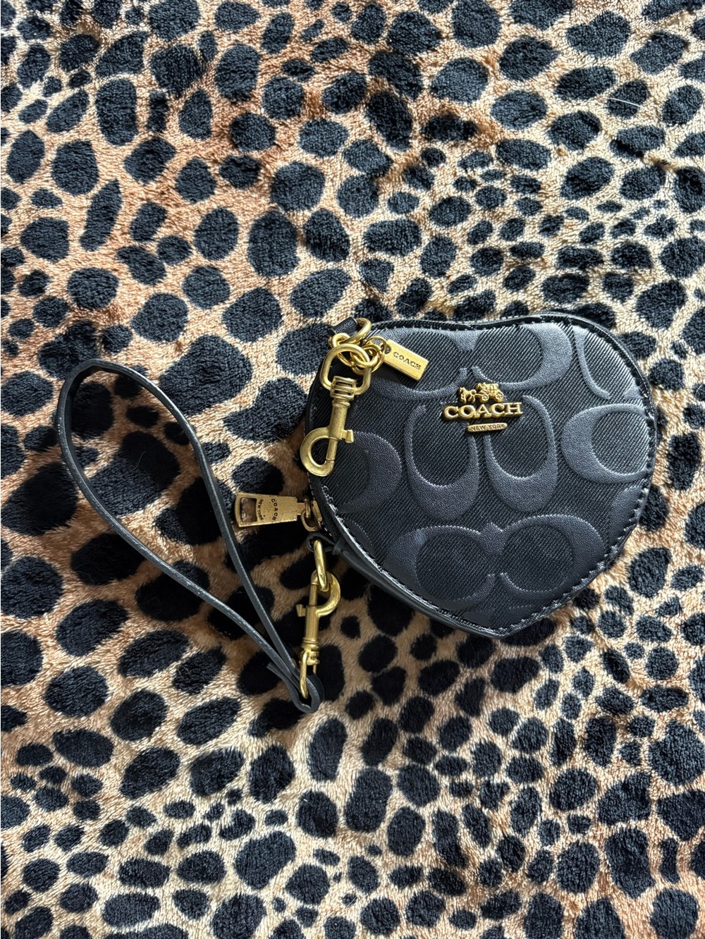 COACH Black Heart Wristlet Keychain Coin Pouch with Gold Hardware